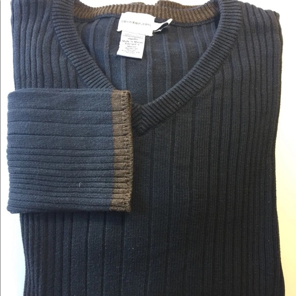 Calvin Klein CK Ribbed Men Sweater V-Neck Navy Large 100% Cotton Brown - Picture 2 of 10